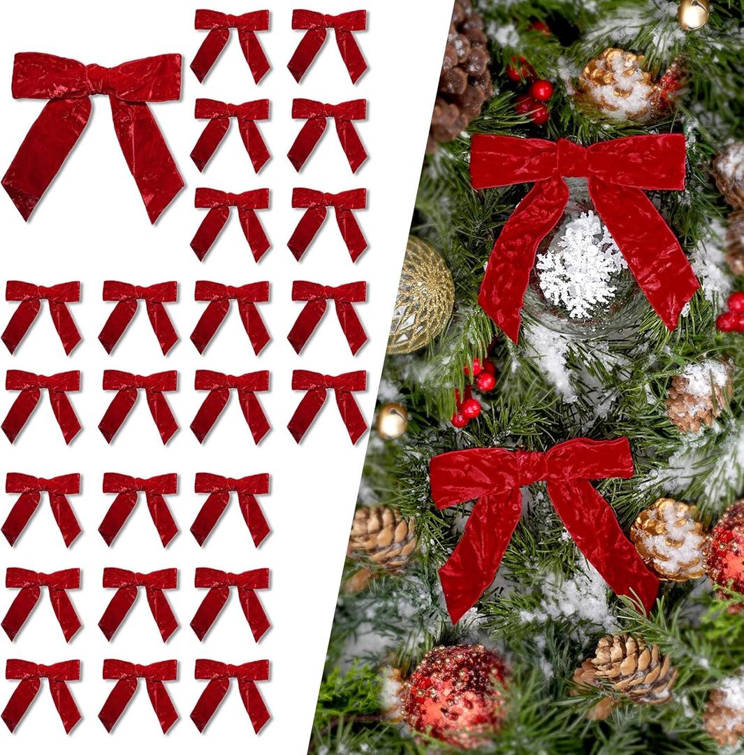 LaRibbons 24 Pcs Red Crinkled Velvet Bows for Christmas Tree, Door, Garland, Wreath, 1" Wide, 3.9"x3.9", Vintage Style