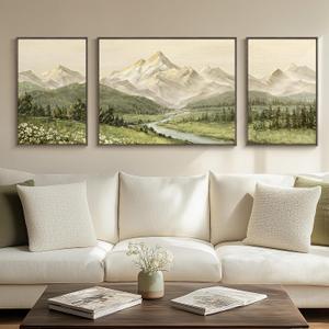 Large Framed Mountain Wall Art for Living Room, 3 Piece Modern Green Landscape Canvas Artworks, Forest River Nature Scenery Painting Prints for Bedroom Entryway Hallway Home Office Wall Decor