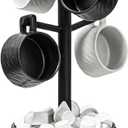 Wood Mug Holder Tree With Woven Basket, 4 Hooks Coffee Mug Holder, Countertop Mug Tree For Kitchen Counter Cabinet Coffee Bar Accessories Cup Display Organizer Hanger(Black)