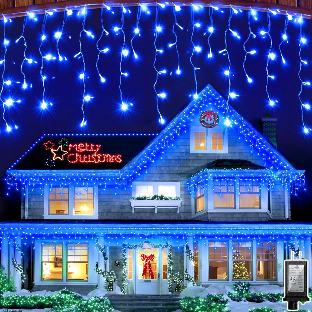 82ft 792 LED 176 Drops Christmas Lights, Outdoor Hanging lights with 8 Modes and Timer Memory, Plug In Outside Waterproof Curtain String Lights for House Fence Tree Holiday Party Decorations (Blue)