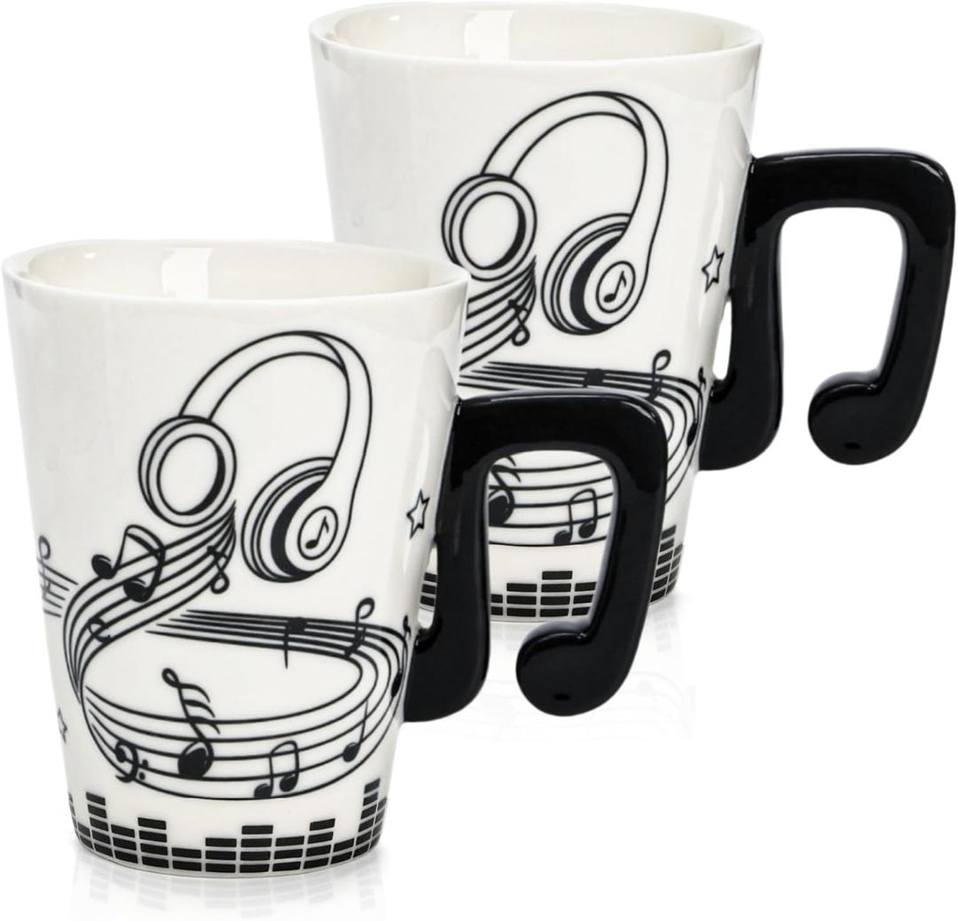 ZAVOOS 2 Pack Music Mug, 13 Oz Ceramic Gift Musical Mug for Music Lovers Teachers, Unique Novelty Coffee Cup with Musical Notes Handle for Women, Men, Musician