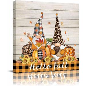 Chucoco Thanksgiving Gnome Square Oil Paintings On Canvas Wall Art Pictures Print Artwork with Framed Ready to Hang for Bedroom/Living Room/Office Decor Fall Pumpkin Farm Harvest 16x16in