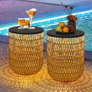 HMVPL Solar Outdoor Side Table Set of 2 with Dimmable Light, Round Patio Side Table for Outside, Outdoor End Accent Tables, Plastic Rattan Patio End Table for Poolside Backyard Gazebo, Dusk to Dawn