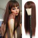 Chocolate Brown Wig with Bangs for Women Heat Resistant Synthetic Wig for Daily Party Use, 24 Inch