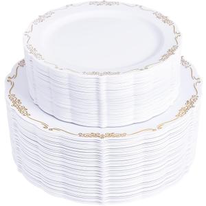 U-QE 100PCS Gold Plates Disposable - Heavy Duty White and Gold Plates Including 50PCS 10'' Dinner & 50PCS 7.5'' Dessert Plates Perfect for Upscale Party, Wedding