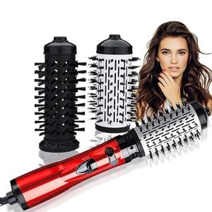 3 in 1 Hot Air Styler and Rotating Hair Dryer Hair Dryer and Blow Dryer Brush in One 2 Interchangeable Brushes for Dry and Wet Hair, Auto Rotating Curling Hot Hair Brush (Red)