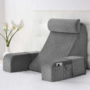 Vekkia Reading Pillow,Back Pillow for Bed Sitting Up Adult,Backrest Support Pillow with Arm and Large Pockets,Rest Chair for Reading,Gaming,Relaxing,Working or Watching TV in Bed&Floor-19in Grey