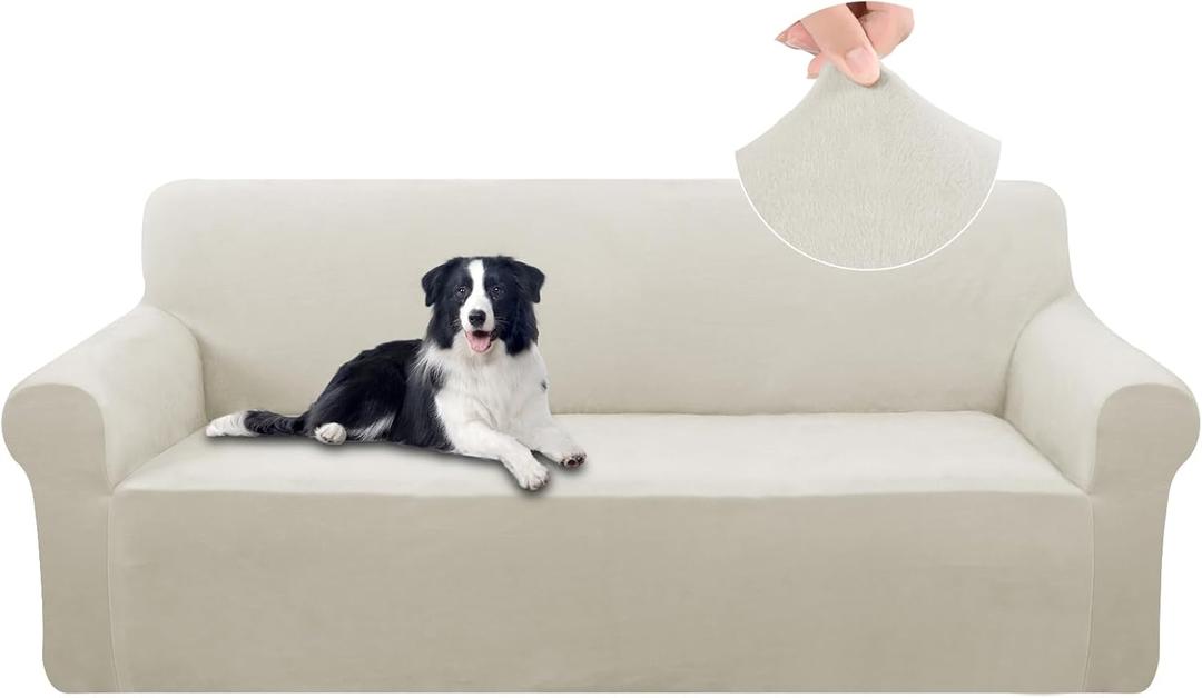 U-NICE HOME Velvet Sofa Covers Stretch Couch Covers for 3 Cushion Couch Furniture Protector Sofa Slipcover (Large, Beige)