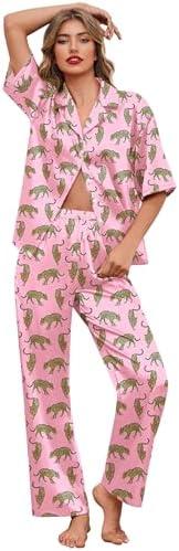 Ekouaer Silk Satin Pajamas Set Women Short Sleeve Pj Sets Button Down Sleepwear 2 Piece Soft Loungewear, S