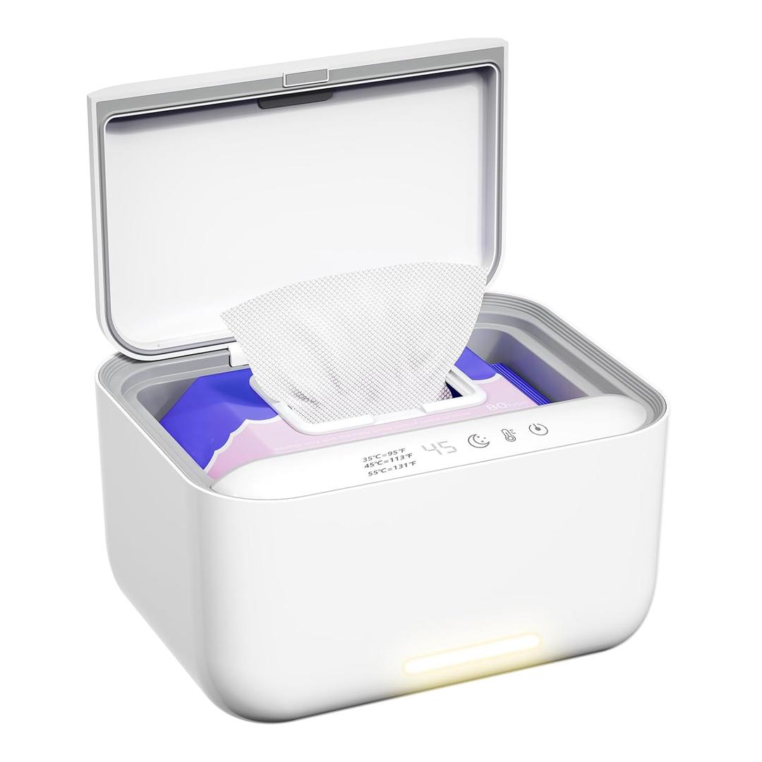 Baby Wipe Warmer Dispenser Holder with 3 Level Surround Temperature ControlDiaper Water Wipe Holder Container with Light for Wipe, Towel, Wet Tissue (White)