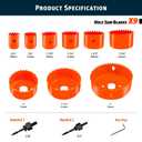 12PCS Hole Saw Kit, Carbon Steel Hole Saw Set 3/4"-3" (19-76mm), 9 Sizes with Mandrels, Drill Bits & Hex Key, Quick Assembly for Wood, Drywall, PVC Plastic