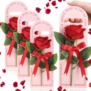 4 Sets Valentine's Day Rose Gift Set for Loved Ones - Artificial Single Rose Bouquets with Handheld Boxes Card, Thoughtful Gift for Girlfriend, Mom, Family, Couples(Red)