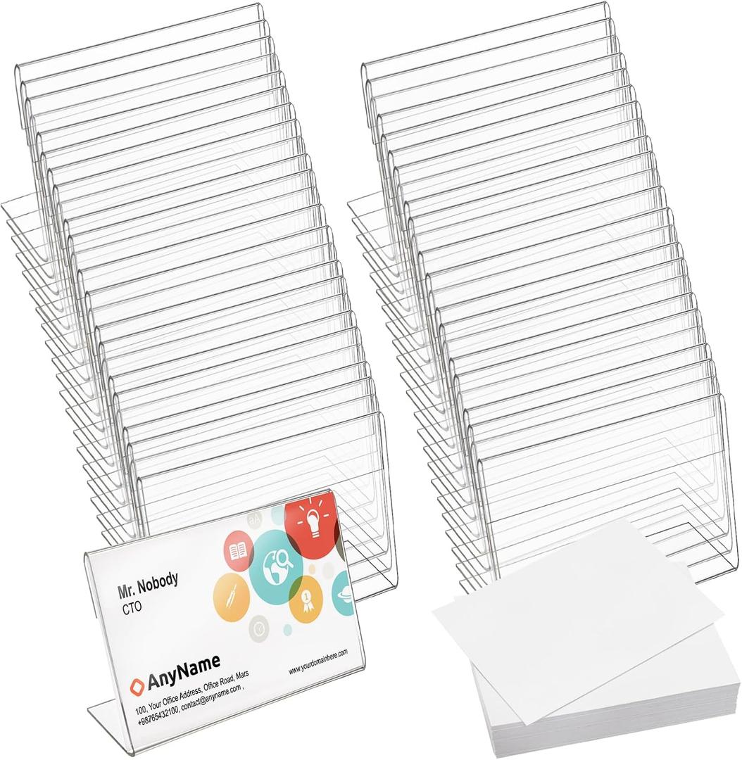 Hedume 50 Pcs Clear Sign Display Holder with 50 Pcs Blank Labels, 3.6" x 2.5" Horizontal Slanted Back L-Shape Acrylic Name Card Price Card Tag Label Counter Top Stand for Office, Restaurant, Store