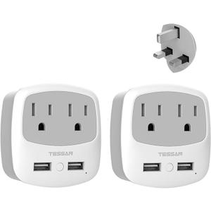 TESSAN US to UK Plug Adapter, Type G Travel Adaptor with 2 USB 2 Electrical Outlets, UK Power Adapter for USA to Ireland England London Scotland British Dubai Kenya Hong Kong Qatar, 2-Pack