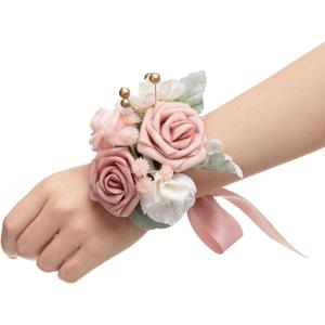 Ling's moment 6pcs Wedding Wrist Corsage Artificial Flowers, Girl/Mother Homecoming Prom Corsages Wristlet Décor, etc. Dusty Rose Pink