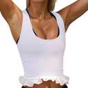 Women Ruffle Hem Racerback Workout Tank Tops Sleeveless Scoop Neck Ribbed Athletic Cami Shirts Crop Sports Tank Top White S