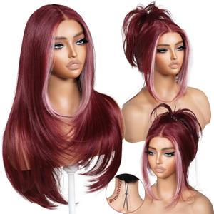 BrownBomb 99J Pink Face Framing Layered Wig Pre-Cut Pre-Plucked Hairline Pre-Colored Pre-Styled Synthetic Lace Wig Ready to Wear 26inch Wig for Beginners