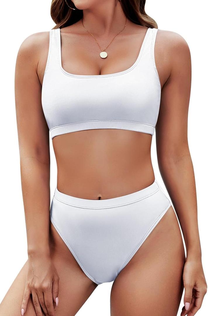 Pink Queen Women's Crop Top High Waisted Cheeky Bikini Set Two Piece Swimsuits (01 - White) S