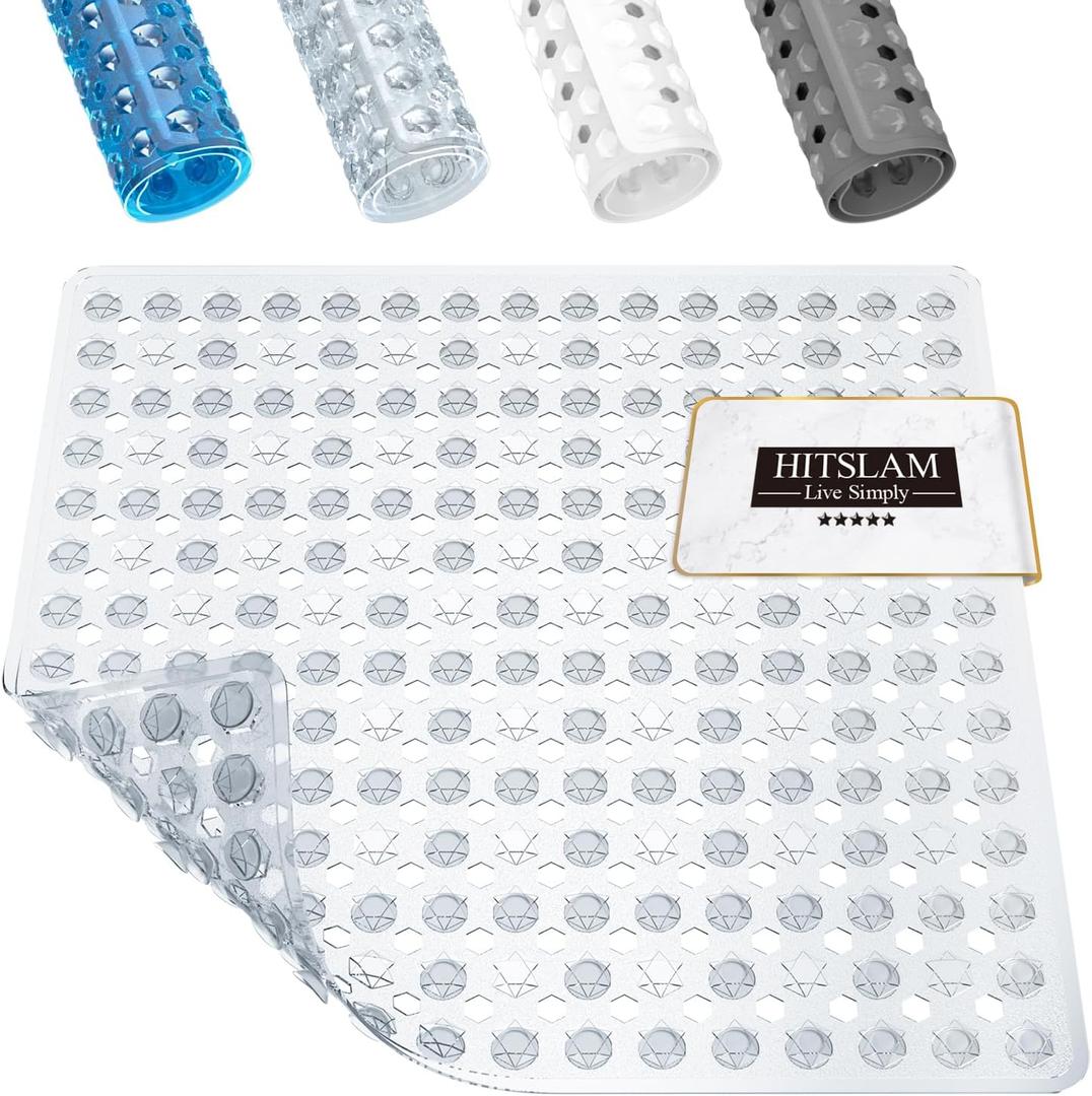 HITSLAM Shower Mat Anti Slip, Square Bath Mat for Tub Non Slip with Suction Cups and Drain Holes, 21x21 Inch Bathroom Shower Stall Floor Mat, Machine Washable, Soft on Feet, Clear