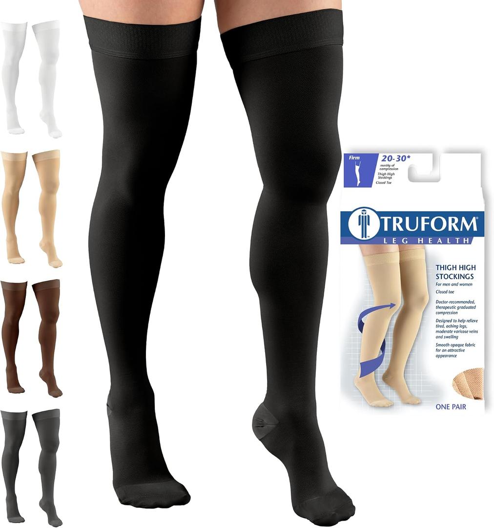 Truform 20-30 mmHg Compression Stockings for Men and Women, Thigh High Length, Dot Top, Closed Toe, Black, Medium