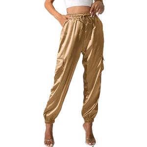 Women's Satin Cargo Joggers Pants Dressy Casual Silky Elastic High Waist Trousers M (Beige)