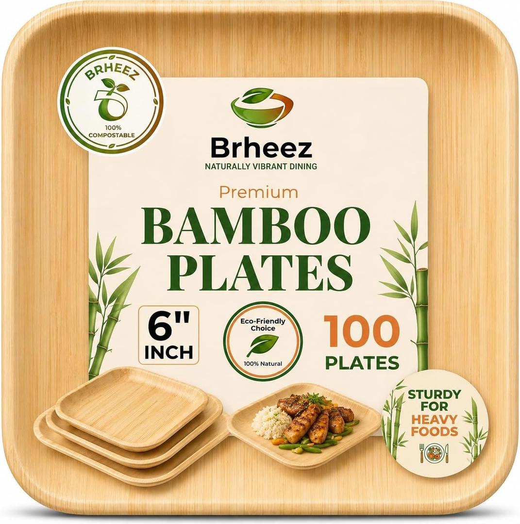 100 Ct (6 Inch) - Eco Friendly, Compostable & Biodegradable – Elegant Bamboo Look Disposable Party Plates are Heavy Duty and More Environmentally Friendly than Paper Plates, 6" Square