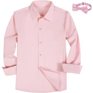 Boys Button Down Shirt Long Sleeve Dress Shirts for Toddler Kids Boy with Bow Bowtie (3T, Light Pink)
