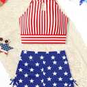 Girls 4th of July Swimsuit Size 8-10 Girls Tankini Swimsuit Blue-White Striped Halter Neck 4th of July Girls Swimsuit US Flag Swim Shorts 2 Piece Girls Swimwear, Size 150