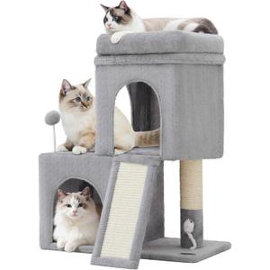 24inch Tall Cat Tree with 2 Cat Condo and Mouse Toy Cozy Small Cat Tower with Scratching Post and Board for Kitties and Small Cats.Light Grey (22 * 13 * 28)