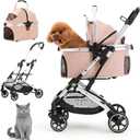 Kenyone 3-in-1 Pet Stroller for Small Medium Dogs Puppy Cat Stroller with Detachable Carrier & Pad Lightweight Foldable Aluminum Alloy Frame Dual No-Zip Entry(Pink)