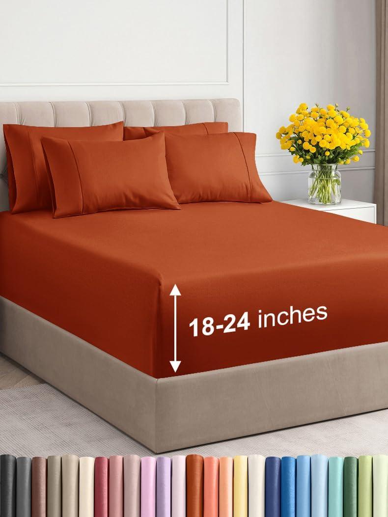 Extra Deep Queen Sheet Set - 6 Piece Breathable & Cooling Sheets - Hotel Luxury Bed Sheets Set - Easy & Secure Fit - Soft, Wrinkle Free & Comfy Sheets Set - Terracotta Sheet Set w/Extra Deep Pockets