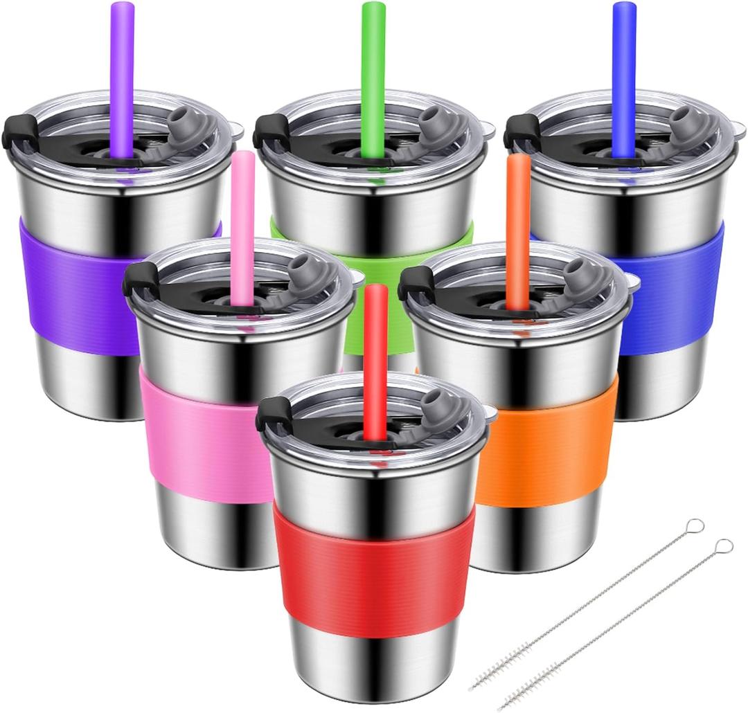 ShineMe Toddler Cups with Straws Spill Proof 6pack, 8oz Small Stainless Steel No Spill Sippy Cup, Unbreakable Kids Cups with Lids and Colorful Silicone Sleeves for Hot/Cold Drinks Snacks