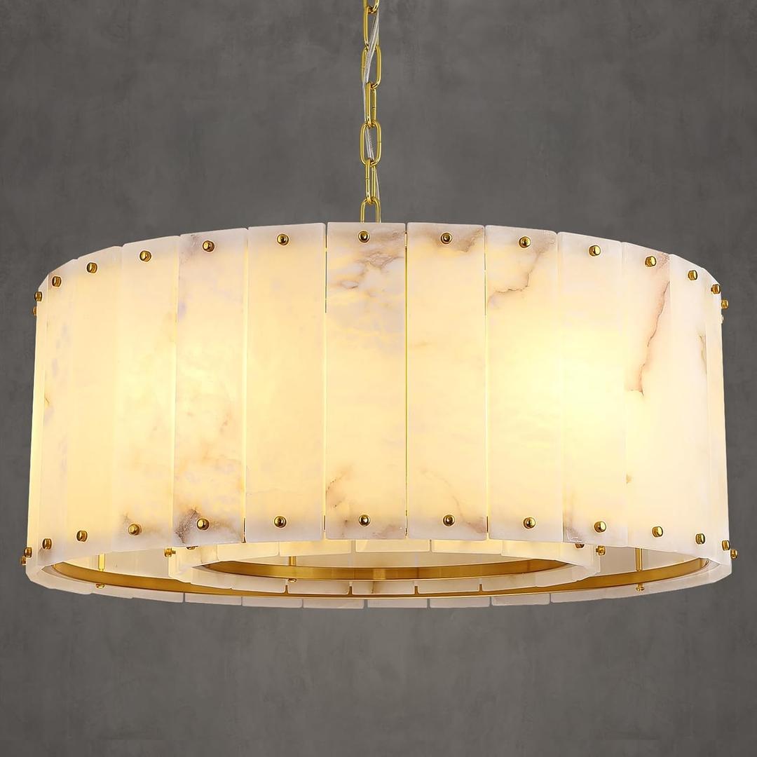 Alabaster Chandeliers,D24in Marble Round Alabaster Chandelier,Modern Brass Dining Room Chandelier, Adjustable Gold Chandeliers for Bedroom,Bathroom,Entryway,Foyer,E12 Bulbs Included