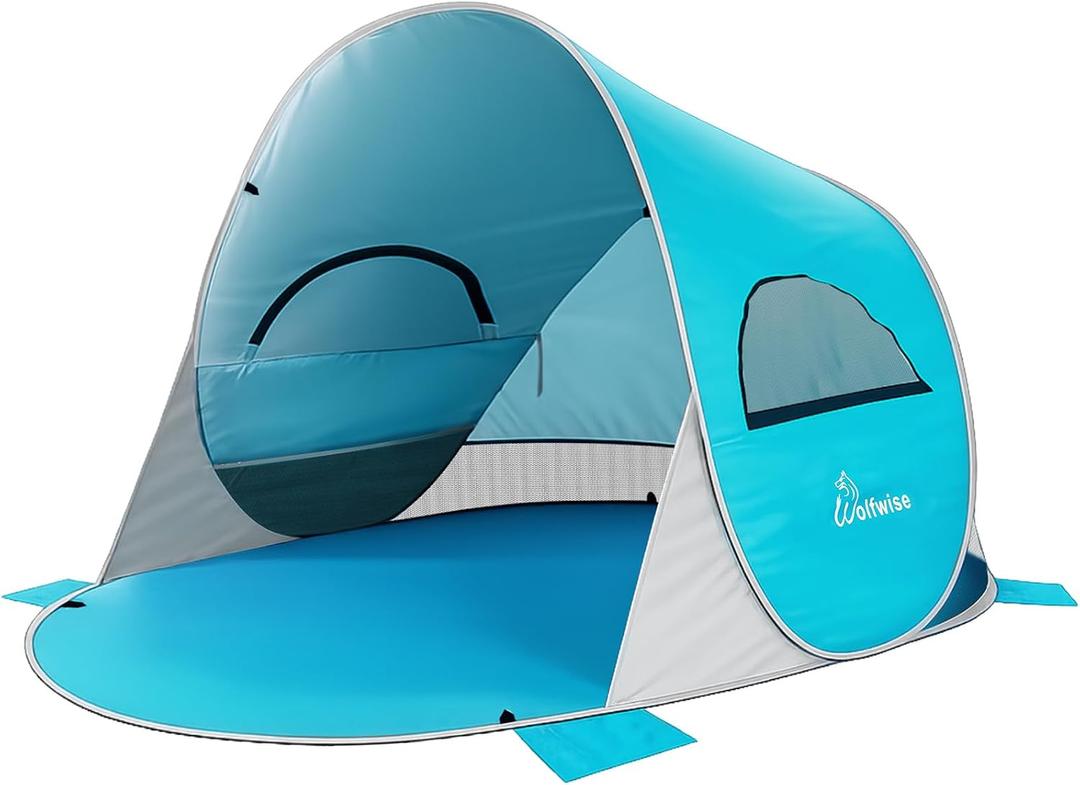 Wolfwise Pop up Beach Tent Sun Shelter with UPF50+ UV Protection, Instant Easy Setup Popup Beach Shade Canopy for 4 Person, Portable & Foldable with Carring Bag, 95 ×65×53 in, Blue
