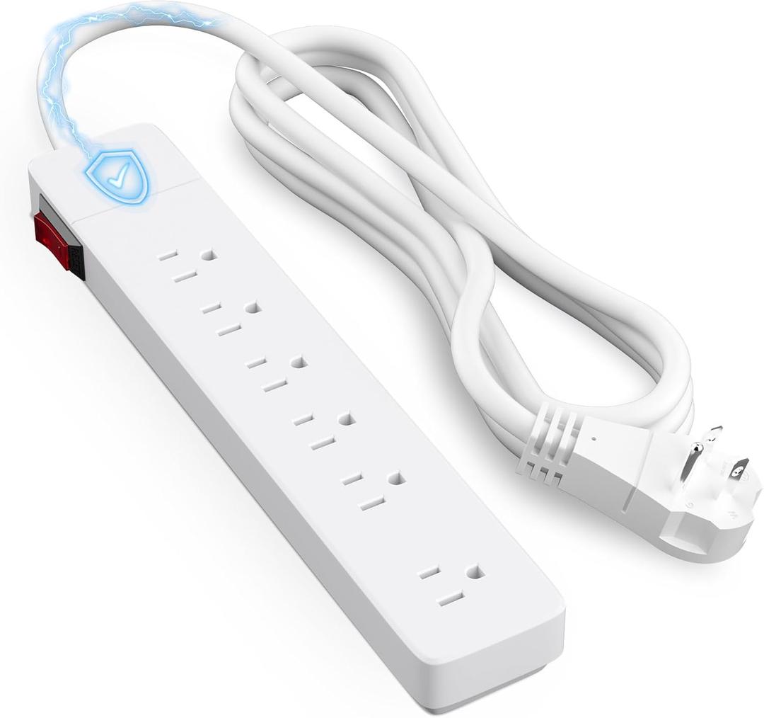 Elecan 3 Prong Power Strip with 4 FT Extension Cord, 5 AC Outlets+1 Widely Spaced Outlet, Space Saving 45 Degree Flat Plug, 14AWG 1875W 125V 15A, Wall Mountable Multi Outlet Extender, ETL, White