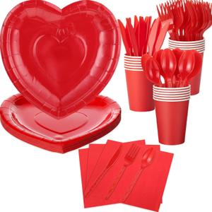 Valentines Red Heart Paper Plates and Napkins 18 Guests Valentines Day Disposable Tableware Party Supplies Includes Paper Plates Cups Napkins Plastic Knives Forks and Spoons Bulk