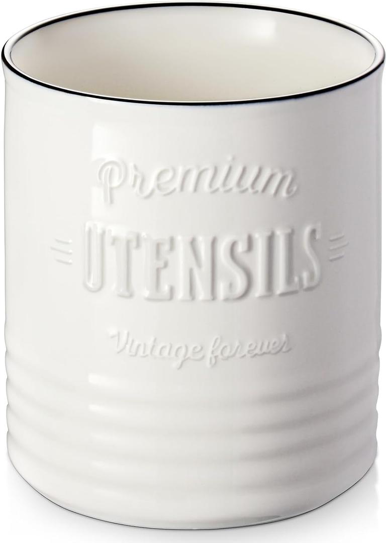 DOWAN 7.2 Extra Large Kitchen Utensil Holder, Farmhouse Utensil Holder for Countertop, Ceramic Utensil Crock with Protection Cork Mat, Utensil Organizer for Kitchen Decor & Housewarming Gift, White