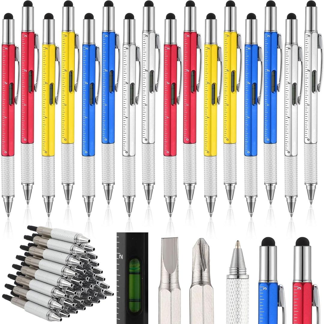 Yeaqee 16 Pcs Valentines Men Gifts 6 in 1 Screwdriver Multi Tool Pens with Refills Ruler Level Gauge for Bulk Multi Tool Gifts for Valentines Day Adult Men Father Husband Male Employee (Classic Color)