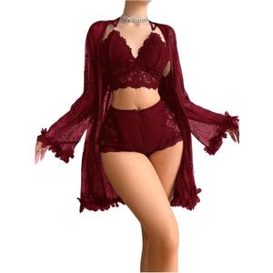 OYOANGLE Women's 3 Piece Pajama Set Lingerie Set Bra and Panty Sets with Lace Kimono Robe Mesh Nightgown (Medium, Burgundy) OYOANGLE Women's 3 Piece Pajama Set Lingerie Set Bra and Panty Sets with Lace Kimono Robe Mesh Nightgown (Medium, Burgundy)