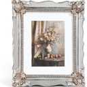 8x10 Vintage Picture Frame with Embossed Flower Design, Silver Ornate Frame for 8x10 or 5x7 Pictures with White Mat, Hand-Crafted Resin Antique Frames for Tabletop & Wall Hanging, Home Decor (Silver)