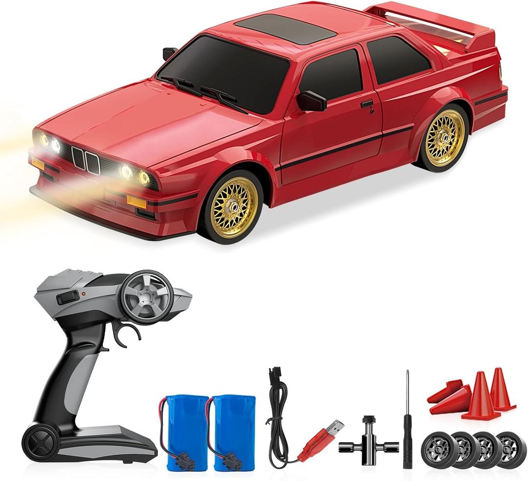 RC Drift Car 2.4GHz 1:16 Scale 4WD 30KM/H High Speed Remote Control Cars Vehicle with LED Lights 2Pcs Rechargeable Batteries Drifting Tires Racing Sport Toy Cars for Adults Boys Girls Kids Gift (Red)