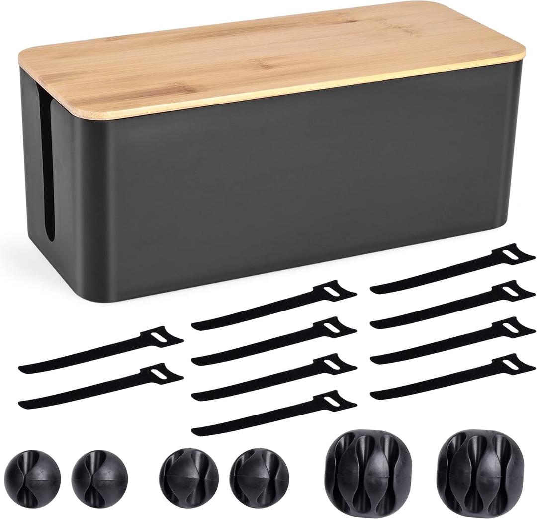 Cable Management Box - Wooden Style Cord Organizer Box to Hide Wires & Power Strips | Desk Computer Cable Organizer Box | Safe ABS Material | 12.6" (L) x 5.3" (W) 4.9" (H) | for Home & Office - Black (Medium)