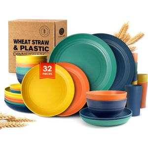 Teivio 32-Piece Kitchen Plastic Wheat Straw Dinnerware Set, Service for 8, Dinner Plates, Dessert Plate, Cereal Bowls, Cups, Unbreakable Colorful Plastic Outdoor Camping Dishes, Autumn Multicolor