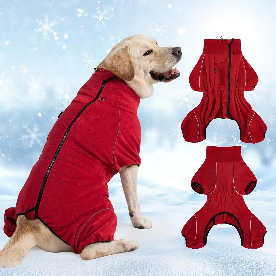 Mihachi Dog Snow Suit Dog Coat Soft Fleece Pullover Pajamas, Pet Windproof Warm Cold Weather Jacket with Zipper, Reflective Jumpsuit Apparel Outfit Clothes for Large Dog, Red, Size L