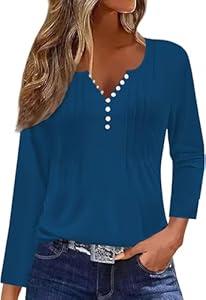 Disamer Womens T Shirts 2024 Fashion Tops Long Sleeve Pleated Dressy Casual Button Down Blouses Fall Clothes（S.Blue