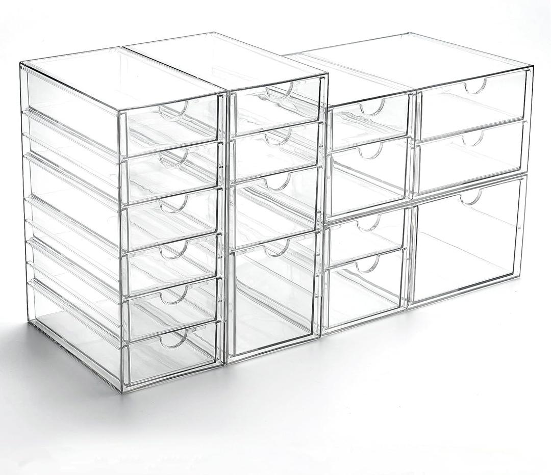Prsildan Acrylic Drawer Organizer with 17 Drawers, Craft Office Desk Makeup Organizers Accessories, Set of 4 Clear Stackable Storage Drawers for Vanity, Countertop, Jewelry, Art Supply Organization