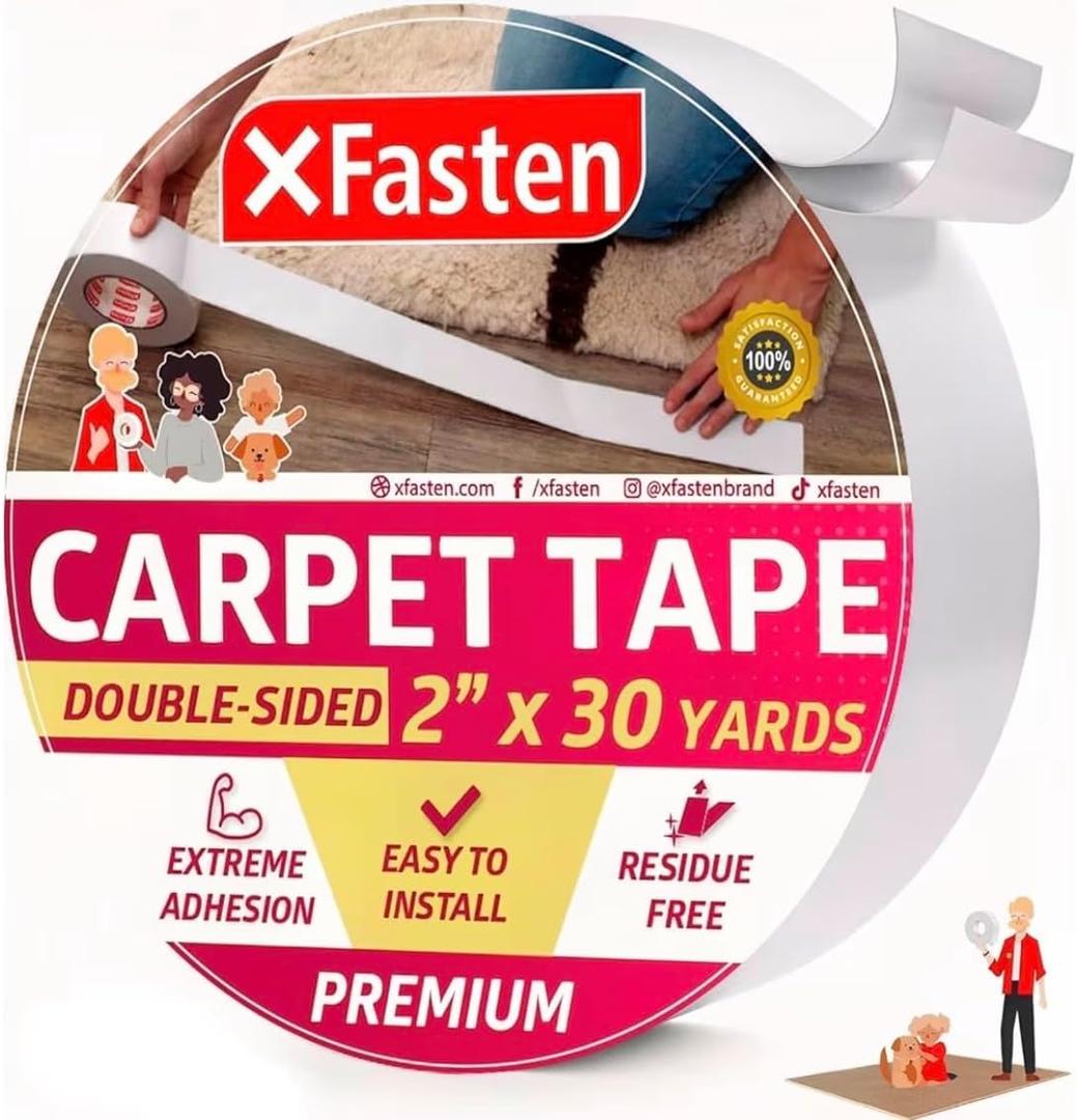 XFasten Double Sided Carpet Tape for Area Rugs, 2 Inch x 30 Yards Heavy Duty Anti Slip Rug Grip Tape, Works as Rug Grippers, Residue Free, Wood Safe, Easy Removal for Hardwood and Laminated Floors
