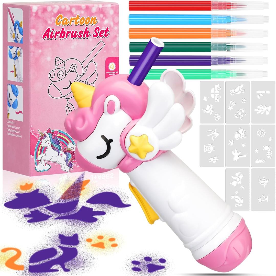 Unicorn Marker Airbrush Spray Art Kit, Art Supplies for Kids Ages 8-12, Unicorn Toys for Girls Age 4-6, Craft Kits Paint with 5 Washable Markers&8 Stencils, Birthday Holiday Easter for Kids, Girls (Pink)