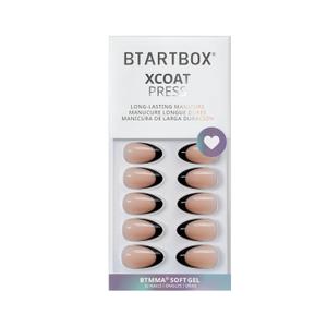 BTArtbox Press On Nails Short - Dot Couture, Lamp-Curable Almond Black French Tip Press On Nails with Glue and Adhesive Tabs for Women, Soft Gel Glue On Nails in 16 Sizes - 32 Stick On Nails Kit