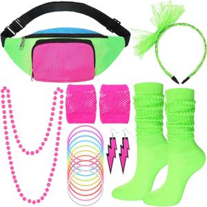 Handepo 19 Pcs 80s Costume Accessories Set Neon Retro 80s Fanny Pack Hairband Fishnet Gloves Bracelet Earrings Necklace Socks (Fluorescent Green)